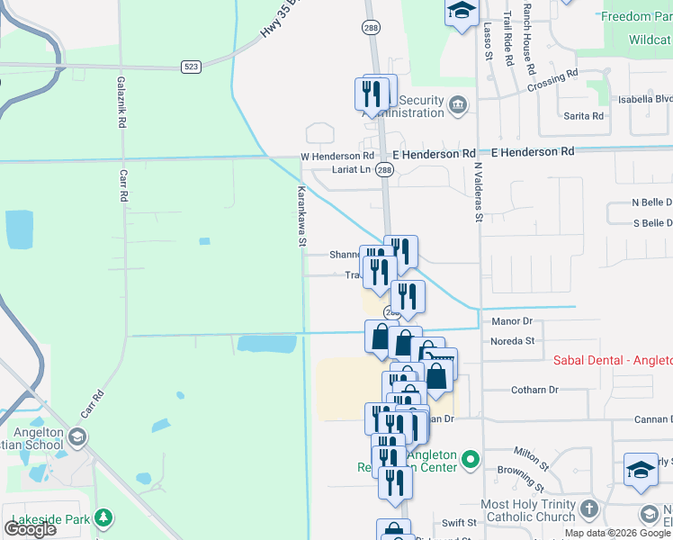map of restaurants, bars, coffee shops, grocery stores, and more near 213 Tracy Street in Angleton