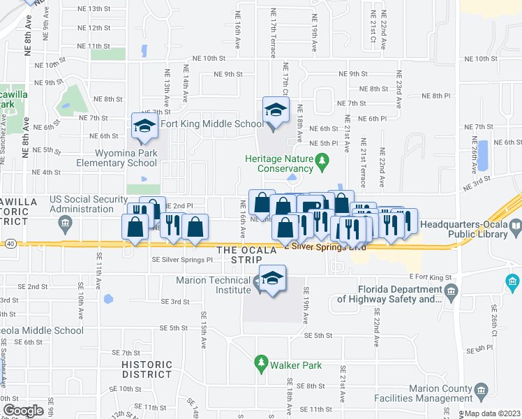map of restaurants, bars, coffee shops, grocery stores, and more near 1621 Northeast 2nd Street in Ocala