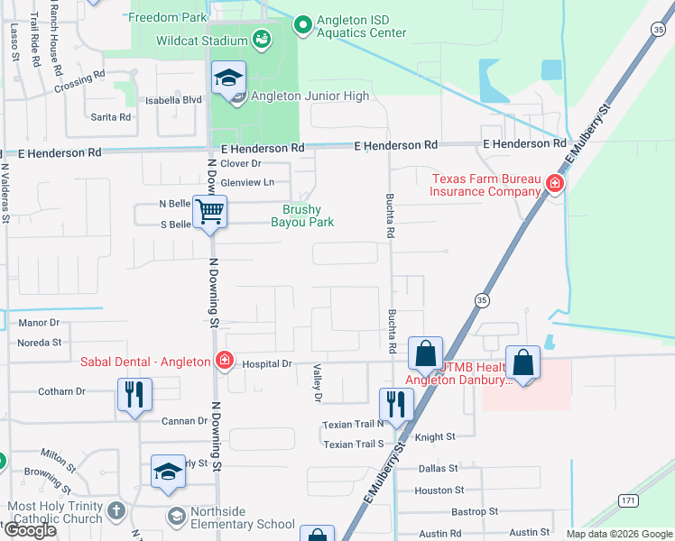 map of restaurants, bars, coffee shops, grocery stores, and more near 40 Colony Square in Angleton