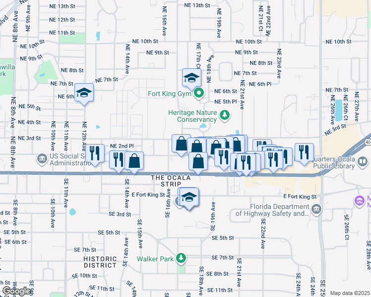 map of restaurants, bars, coffee shops, grocery stores, and more near 1727 Northeast 2nd Street in Ocala