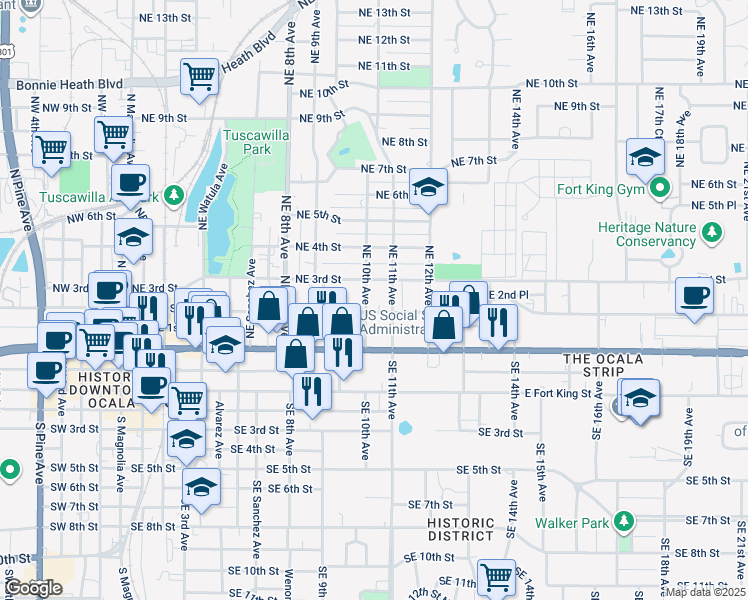 map of restaurants, bars, coffee shops, grocery stores, and more near 200-224 Northeast 10th Avenue in Ocala