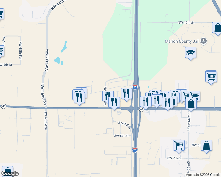 map of restaurants, bars, coffee shops, grocery stores, and more near 151 SW 40th Ave in Ocala