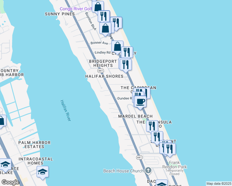 map of restaurants, bars, coffee shops, grocery stores, and more near 108 Cheshire Road in Daytona Beach