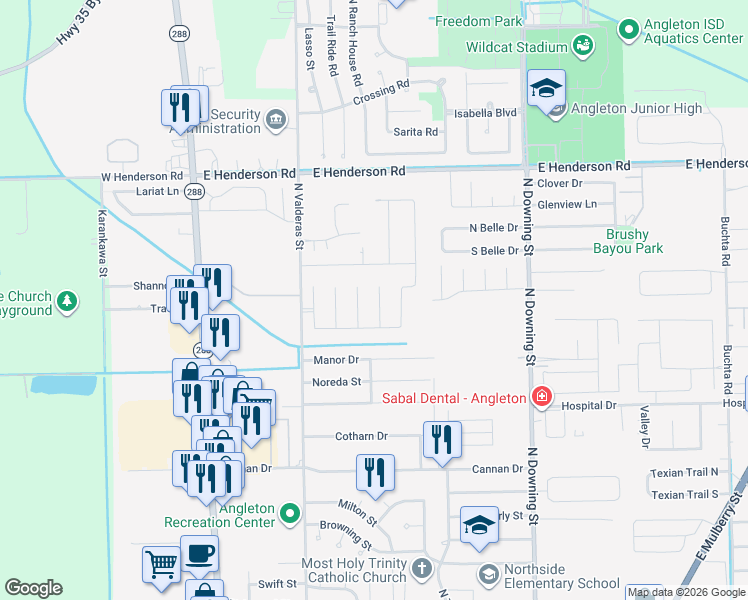map of restaurants, bars, coffee shops, grocery stores, and more near 801 Manor Drive in Angleton