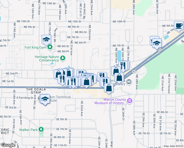 map of restaurants, bars, coffee shops, grocery stores, and more near 2281 Northeast 2nd Street in Ocala