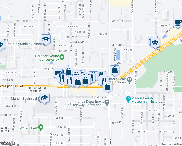 map of restaurants, bars, coffee shops, grocery stores, and more near 2223 Northeast 2nd Street in Ocala