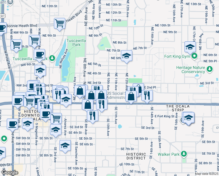 map of restaurants, bars, coffee shops, grocery stores, and more near 200-224 Northeast 10th Avenue in Ocala