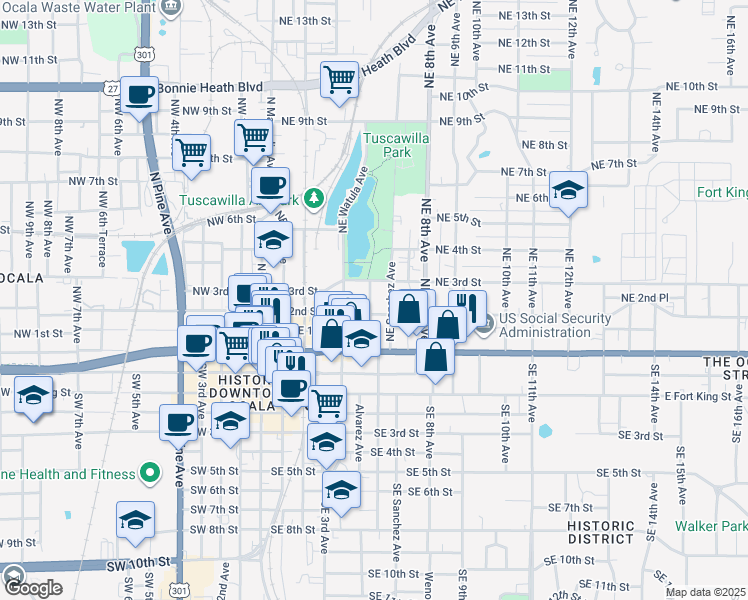 map of restaurants, bars, coffee shops, grocery stores, and more near 118 Northeast Tuscawilla Avenue in Ocala