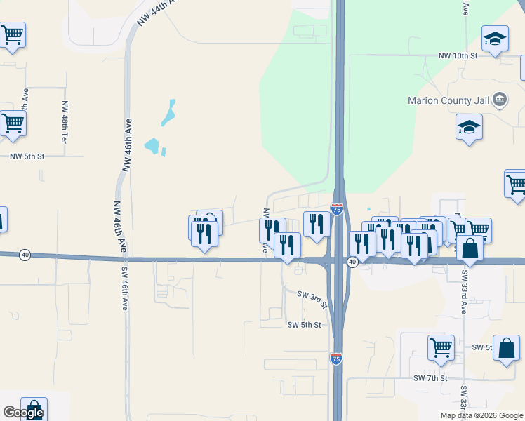 map of restaurants, bars, coffee shops, grocery stores, and more near 255 Northwest 40th Avenue in Ocala