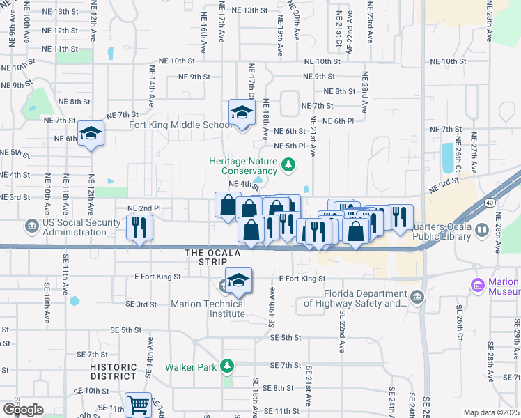 map of restaurants, bars, coffee shops, grocery stores, and more near 1817 Northeast 2nd Street in Ocala