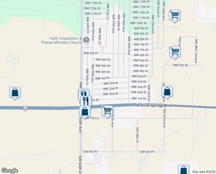 map of restaurants, bars, coffee shops, grocery stores, and more near 5800 Northwest 2nd Place in Ocala