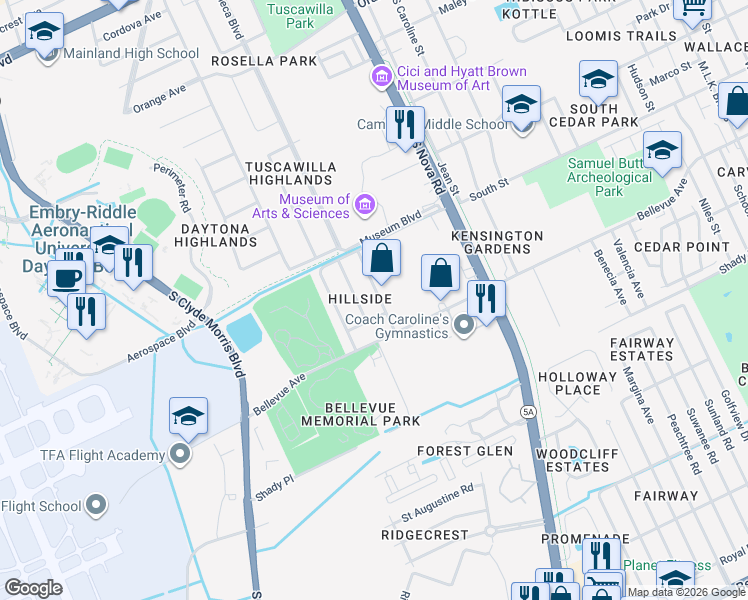 map of restaurants, bars, coffee shops, grocery stores, and more near 768 Terrace Avenue in Daytona Beach