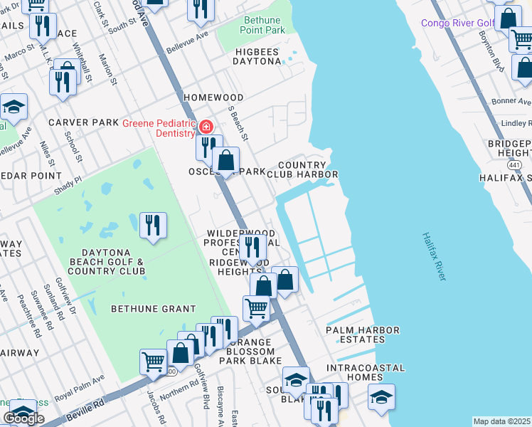 map of restaurants, bars, coffee shops, grocery stores, and more near 1301 South Palmetto Avenue in Daytona Beach