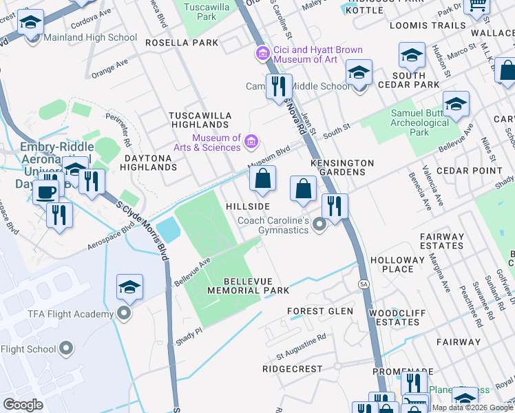 map of restaurants, bars, coffee shops, grocery stores, and more near 768 Terrace Avenue in Daytona Beach
