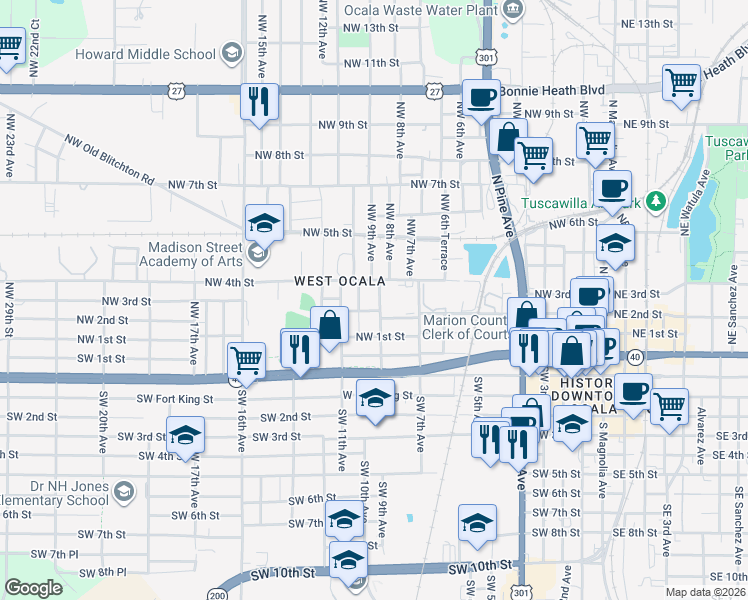 map of restaurants, bars, coffee shops, grocery stores, and more near 126 Northwest 10th Avenue in Ocala