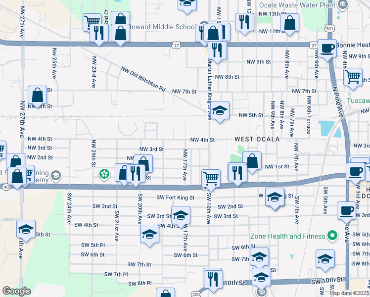 map of restaurants, bars, coffee shops, grocery stores, and more near 214 Northwest 17th Avenue in Ocala