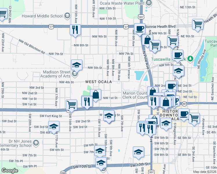 map of restaurants, bars, coffee shops, grocery stores, and more near 126 Northwest 10th Avenue in Ocala