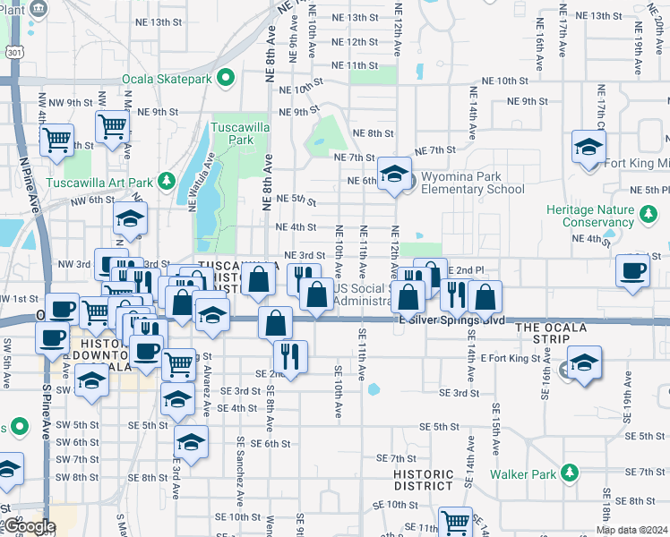 map of restaurants, bars, coffee shops, grocery stores, and more near 224 Northeast 10th Avenue in Ocala