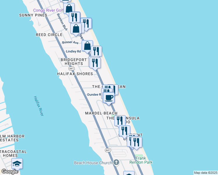 map of restaurants, bars, coffee shops, grocery stores, and more near in Daytona Beach Shores