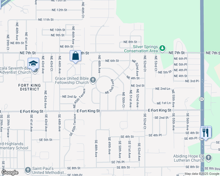 map of restaurants, bars, coffee shops, grocery stores, and more near 140 Northeast 50th Avenue in Ocala