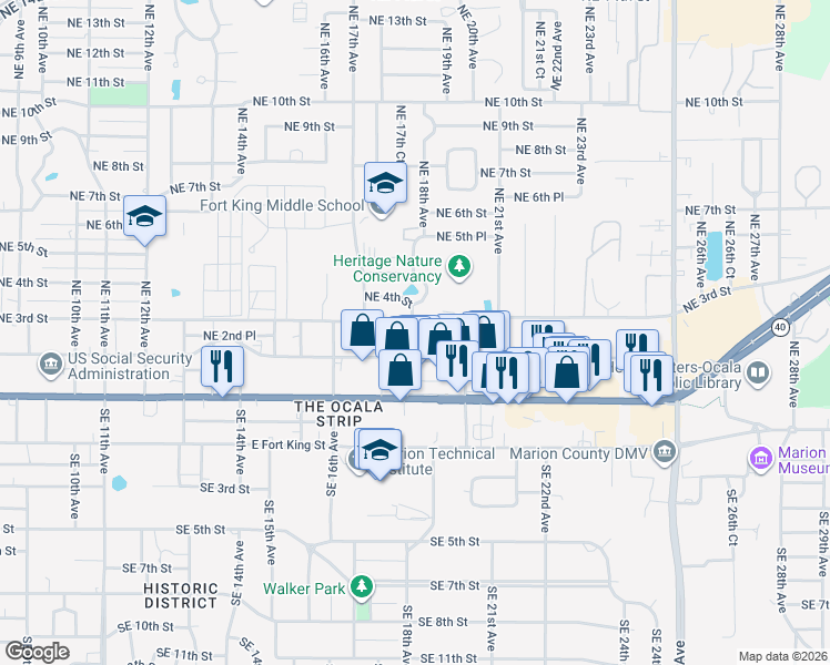 map of restaurants, bars, coffee shops, grocery stores, and more near 1817 Northeast 2nd Street in Ocala