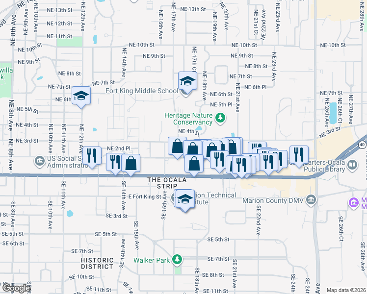 map of restaurants, bars, coffee shops, grocery stores, and more near 1727 Northeast 2nd Street in Ocala