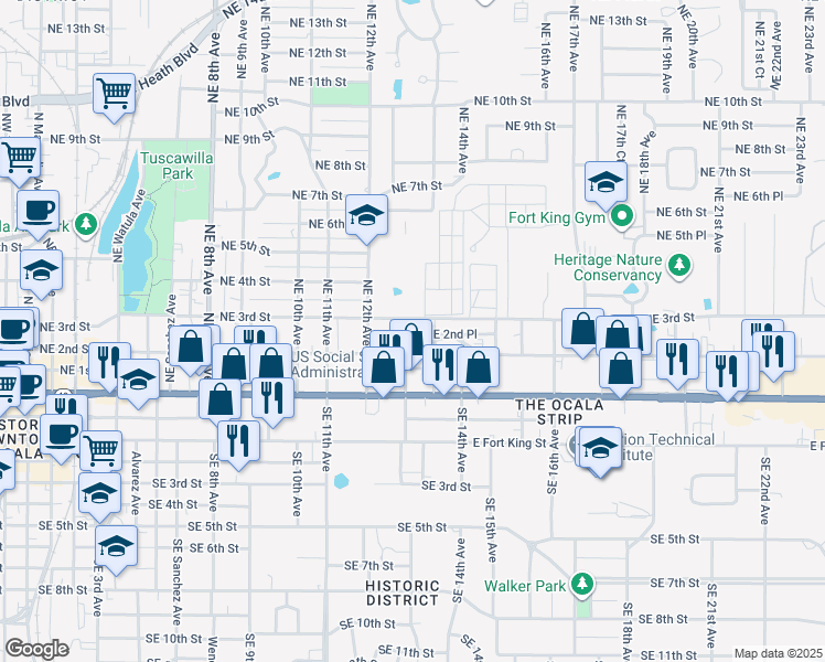map of restaurants, bars, coffee shops, grocery stores, and more near 1251 Northeast 2nd Street in Ocala
