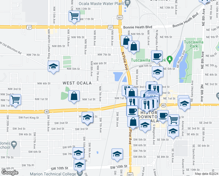 map of restaurants, bars, coffee shops, grocery stores, and more near 576 Northwest 2nd Street in Ocala