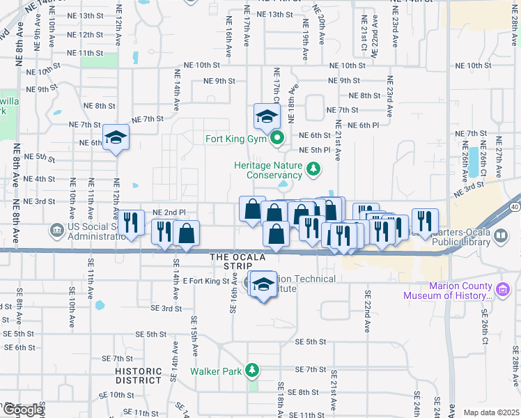 map of restaurants, bars, coffee shops, grocery stores, and more near 1727 Northeast 2nd Street in Ocala