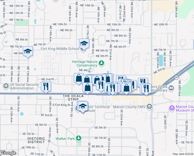 map of restaurants, bars, coffee shops, grocery stores, and more near 1824 Northeast 3rd Street in Ocala