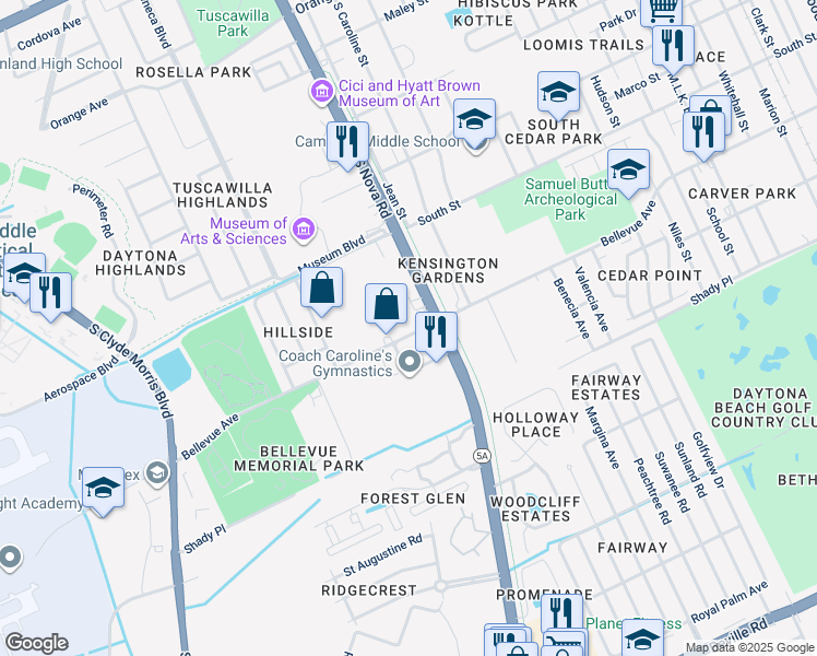map of restaurants, bars, coffee shops, grocery stores, and more near 1228 Bellevue Avenue in Daytona Beach