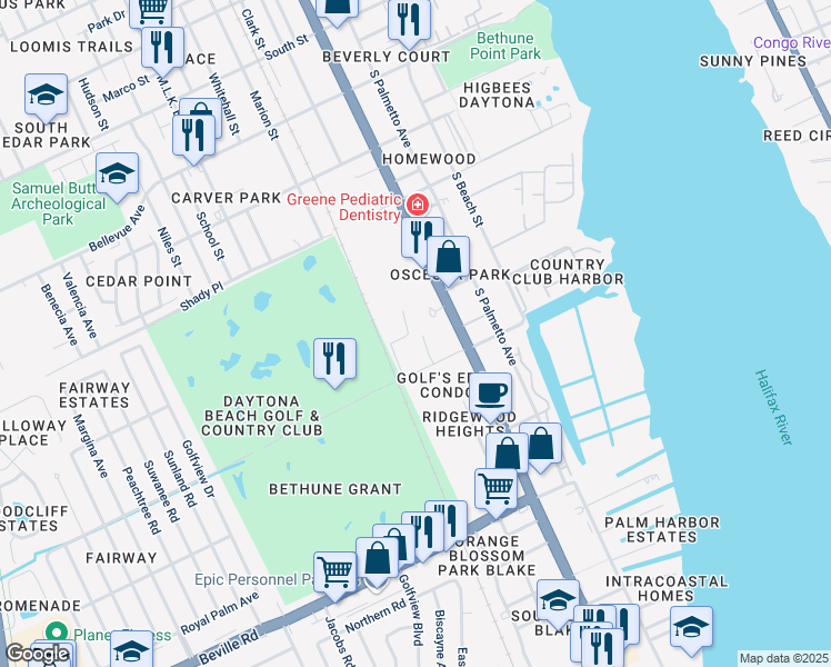 map of restaurants, bars, coffee shops, grocery stores, and more near 11 North Florida Pga Lane in Daytona Beach