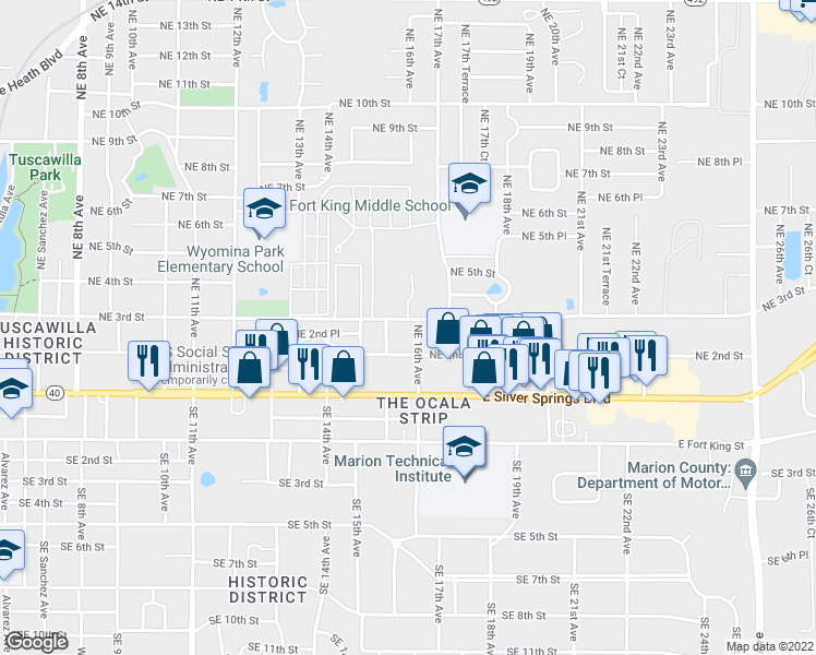 map of restaurants, bars, coffee shops, grocery stores, and more near 1537 Northeast 3rd Street in Ocala