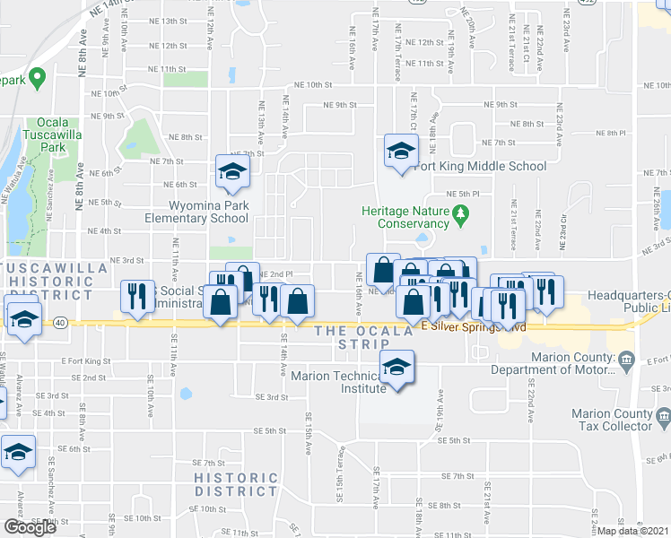 map of restaurants, bars, coffee shops, grocery stores, and more near 1537 Northeast 3rd Street in Ocala