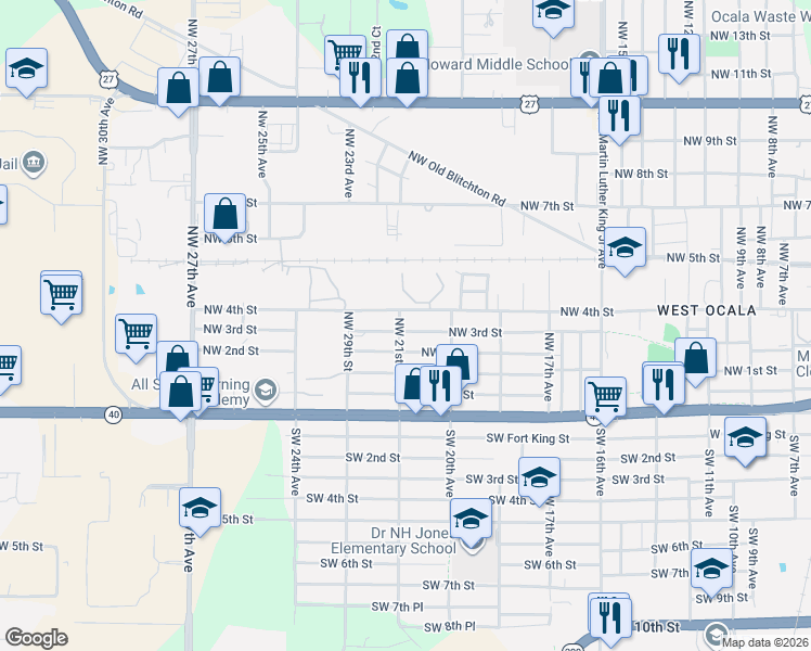 map of restaurants, bars, coffee shops, grocery stores, and more near 2031 Northwest 4th Street in Ocala