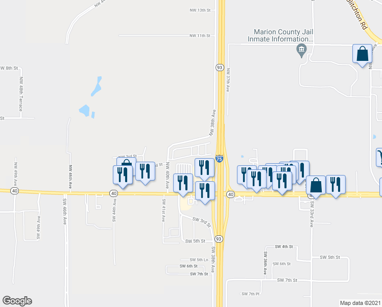 map of restaurants, bars, coffee shops, grocery stores, and more near 255 Northwest 40th Avenue in Ocala