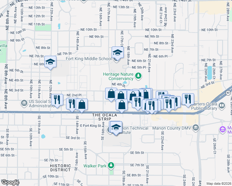 map of restaurants, bars, coffee shops, grocery stores, and more near 1726 Northeast 4th Street in Ocala