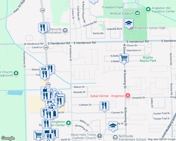 map of restaurants, bars, coffee shops, grocery stores, and more near 716 South Remington Drive in Angleton