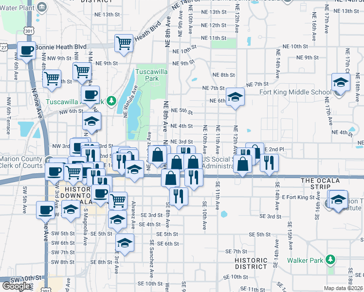 map of restaurants, bars, coffee shops, grocery stores, and more near 921 Northeast 3rd Street in Ocala