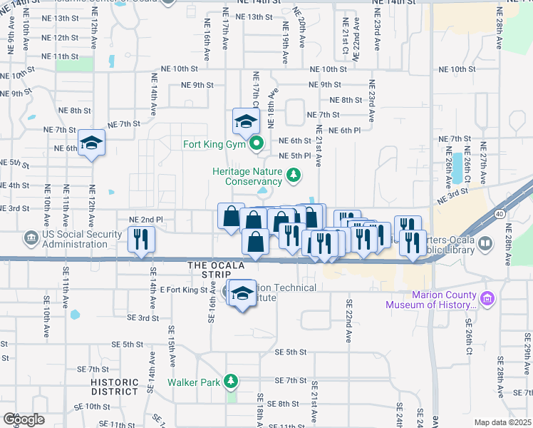 map of restaurants, bars, coffee shops, grocery stores, and more near 1754 Northeast 3rd Street in Ocala