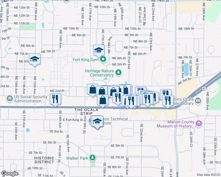 map of restaurants, bars, coffee shops, grocery stores, and more near 1820 Northeast 3rd Street in Ocala