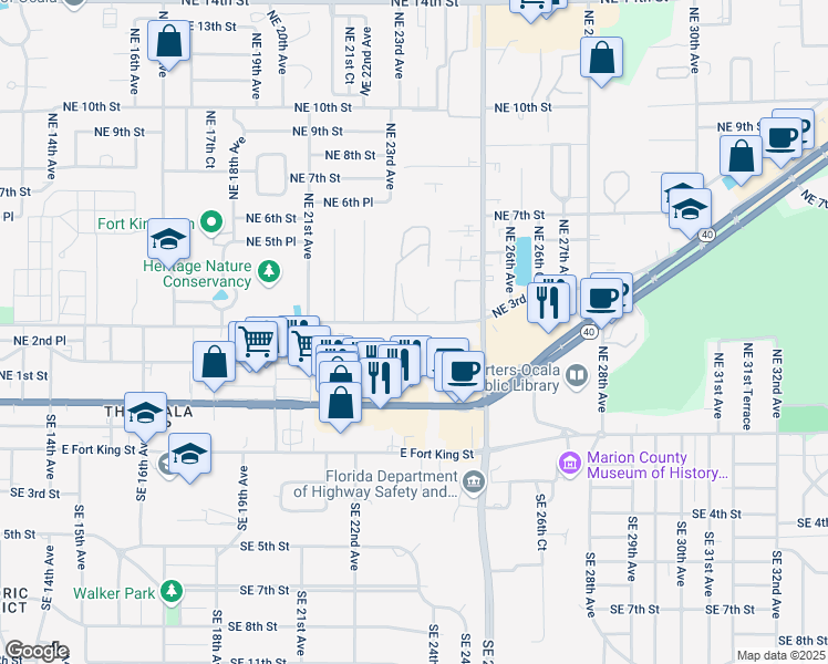 map of restaurants, bars, coffee shops, grocery stores, and more near 2321 Northeast 3rd Street in Ocala