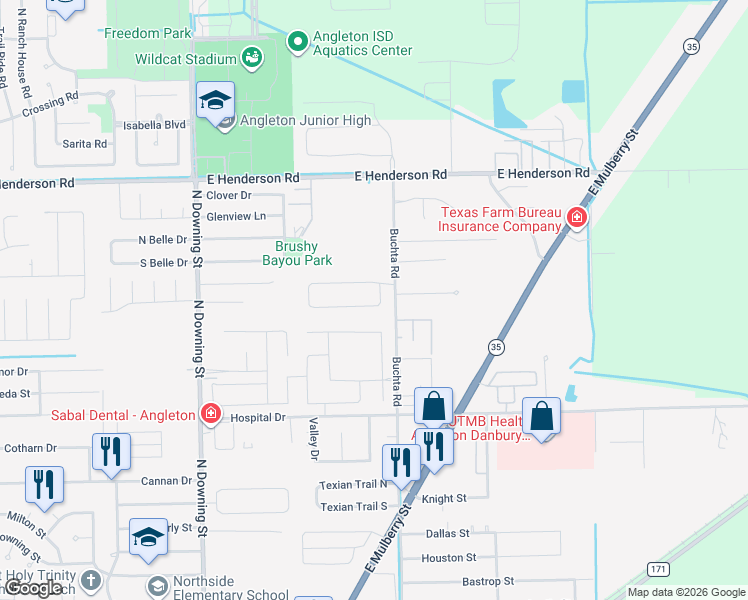 map of restaurants, bars, coffee shops, grocery stores, and more near 5 Colony Square in Angleton