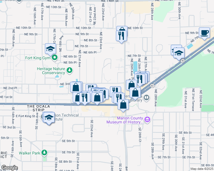 map of restaurants, bars, coffee shops, grocery stores, and more near 2321 Northeast 3rd Street in Ocala