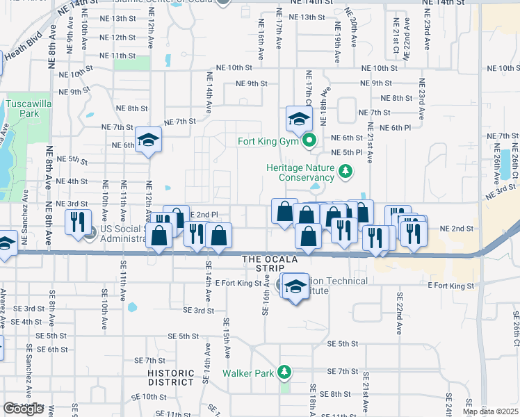 map of restaurants, bars, coffee shops, grocery stores, and more near 1537 Northeast 3rd Street in Ocala