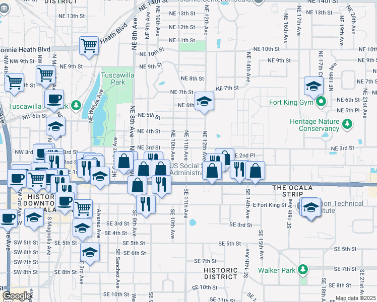 map of restaurants, bars, coffee shops, grocery stores, and more near 1105 Northeast 3rd Street in Ocala