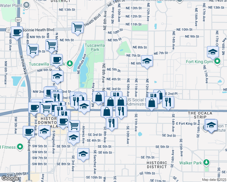 map of restaurants, bars, coffee shops, grocery stores, and more near 921 Northeast 3rd Street in Ocala
