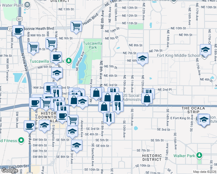 map of restaurants, bars, coffee shops, grocery stores, and more near 807 Northeast 3rd Street in Ocala