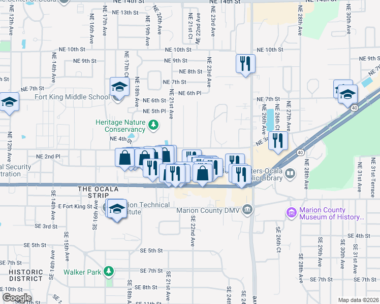 map of restaurants, bars, coffee shops, grocery stores, and more near 2150 Northeast 3rd Street in Ocala