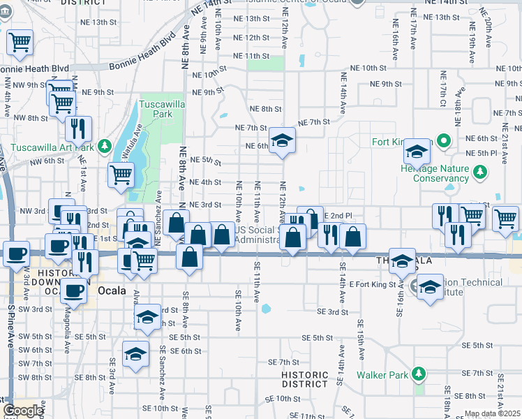 map of restaurants, bars, coffee shops, grocery stores, and more near 1105 Northeast 3rd Street in Ocala
